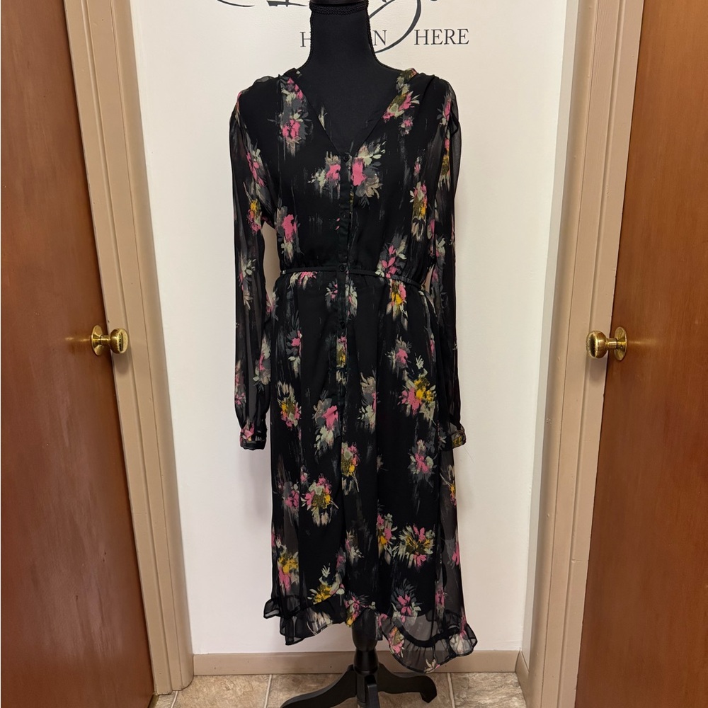 Steve Madden Black Pink Floral Chiffon Ruffle Long Sleeve Midi Dress S NWT🐸